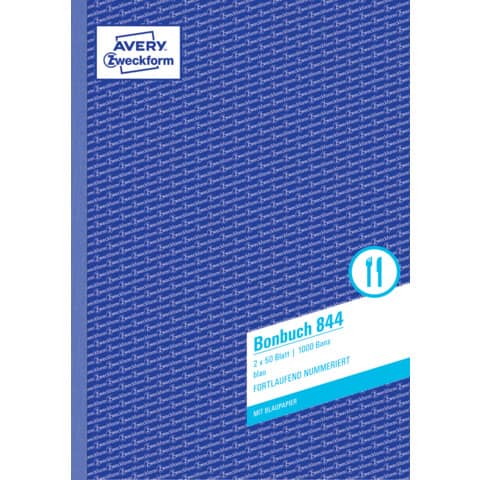 844 Bonbuch, DIN A4, fortlaufend nummeriert, 2 x 5 0 Blatt, blau, weiß
