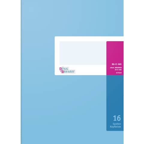 Spaltenbuch Kopfleisten-Ausführung - A4, 16 Spalte n, 40 Blatt, Schema über 2 Seite