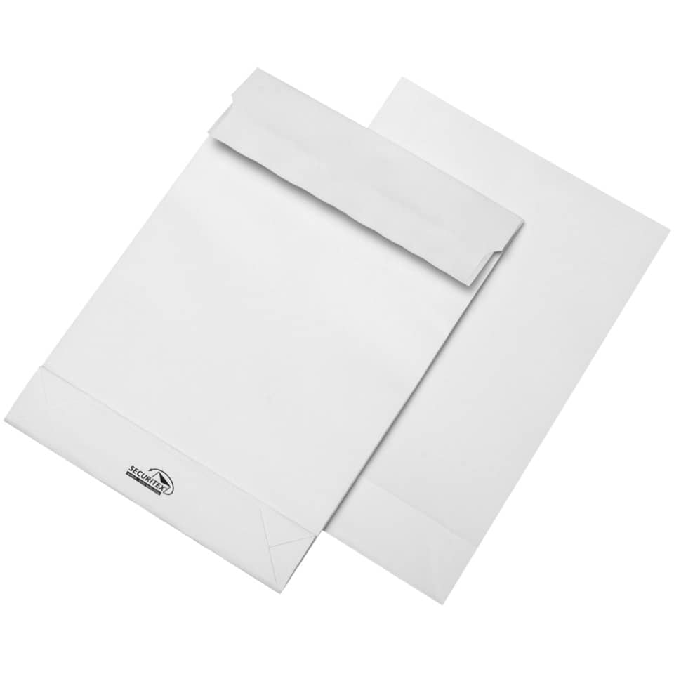 100x Versandtaschen B4 (250x355mm), Klotz & Falte, ohne Fenster, weiß, haftklebend, 130g, SECURITEX