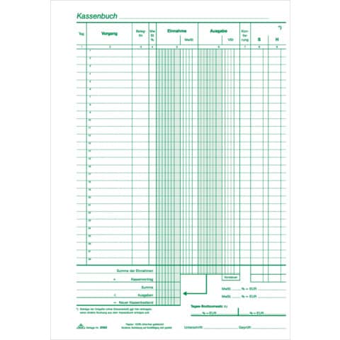Kassenbuch mit Umsatzsteuer, 2x50 Bl., DIN A4, Dur chschreibepapier, nummeriert